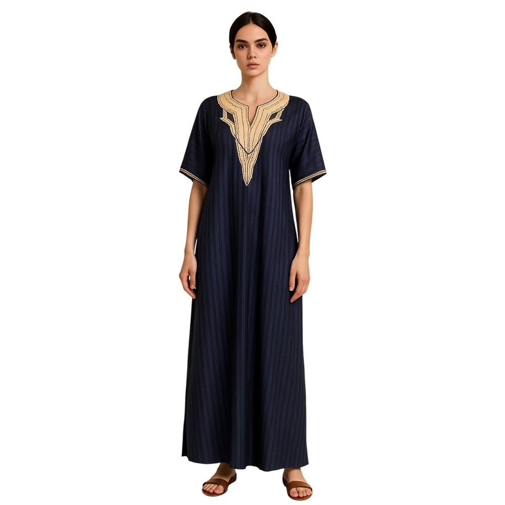 Vintage Navy Blue Striped‎ Kaftan Maxi Dress Gold Trim V Neck Short Sleeve